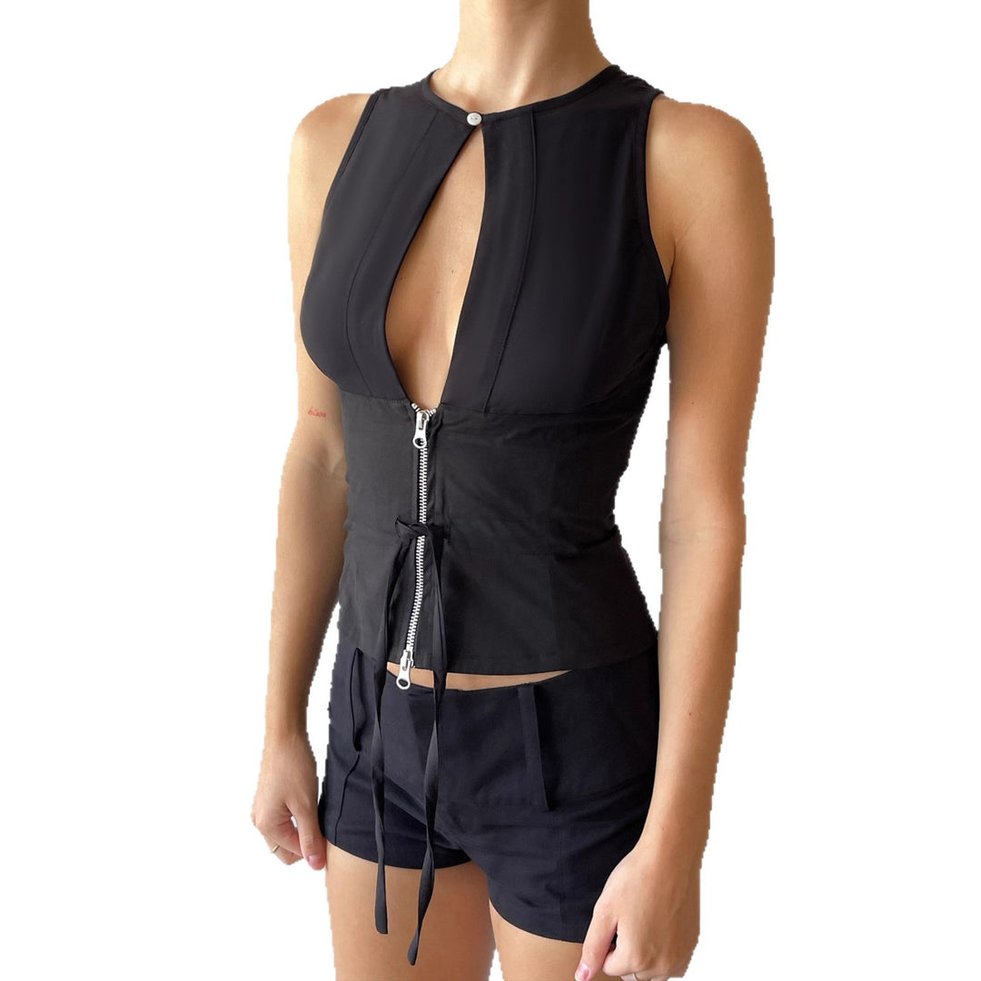 Damen Crop-Top mit modischem Reißverschluss und eleganten Schnürdetails Drune