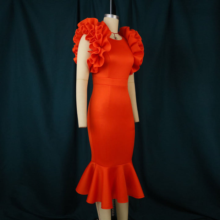 Damen figurbetontes Kleid mit voluminösen Rüschensäumen Drune