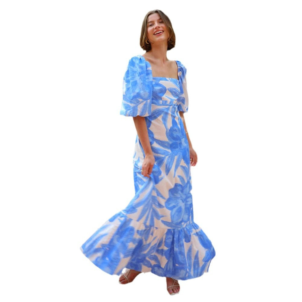 Damen Maxikleid mit eleganten Puffärmeln und floralen Akzenten Drune