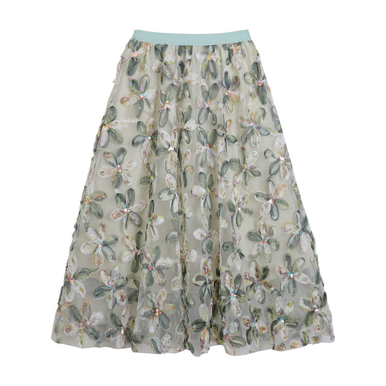 Damen nan bestickter A-Linien Tüllrock mit 3D-Blütenapplikation und taillenhohem Elastikbund Drune