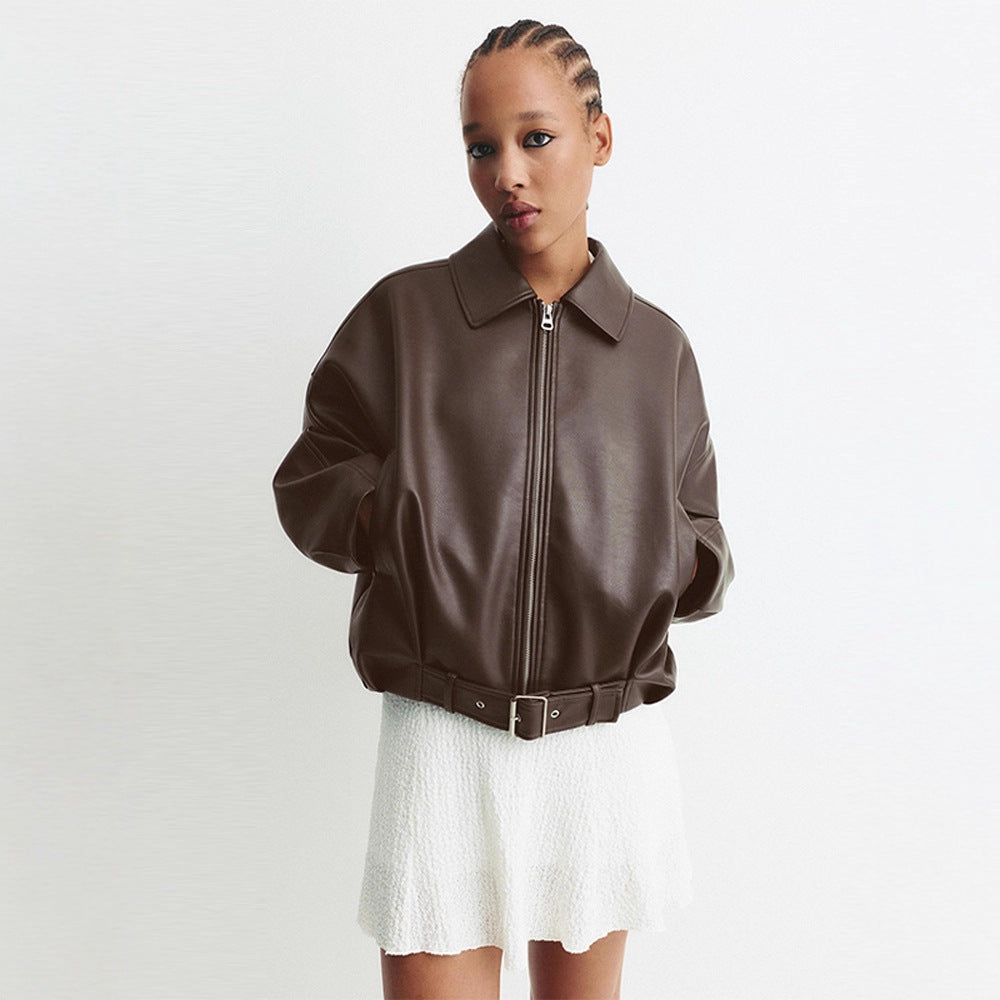 Damen Modische Kunstlederjacke mit weitem Schnitt und Taillengürtel Drune