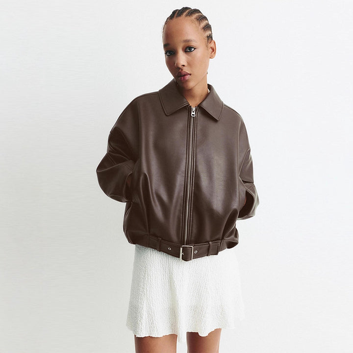 Damen Modische Kunstlederjacke mit weitem Schnitt und Taillengürtel Drune