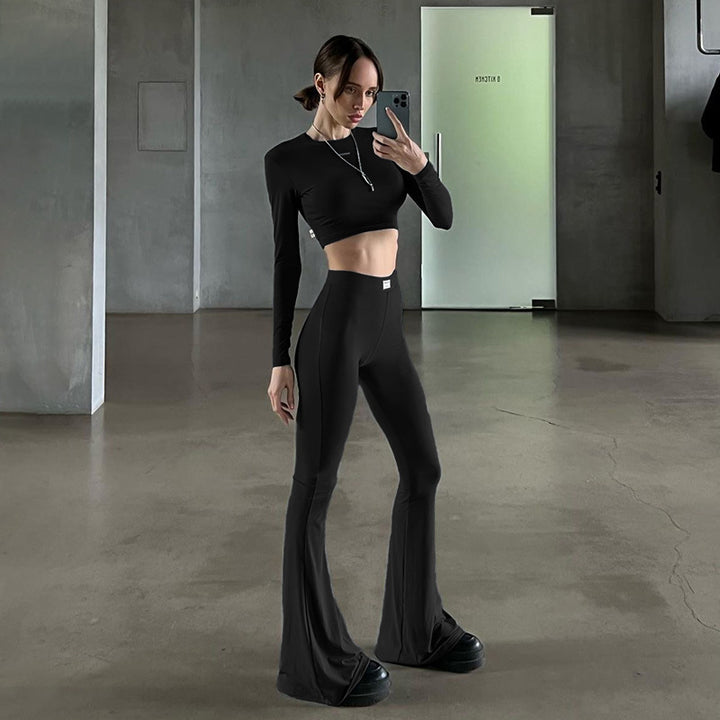 Damen Langarm Cropped Top und Flared Pants Set Drune