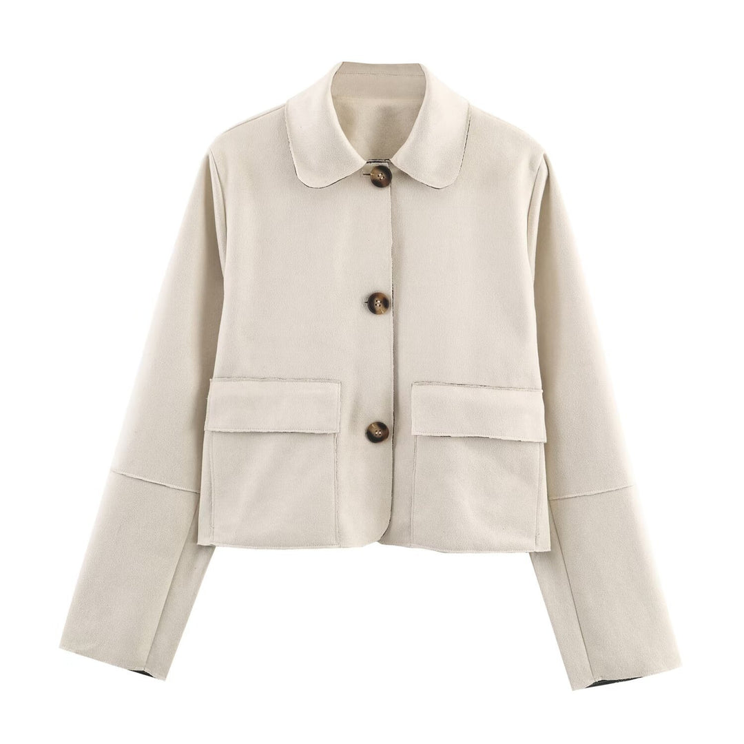 Damen modische Kurzjacke mit praktischen Taschen und dezentem Kragen Drune