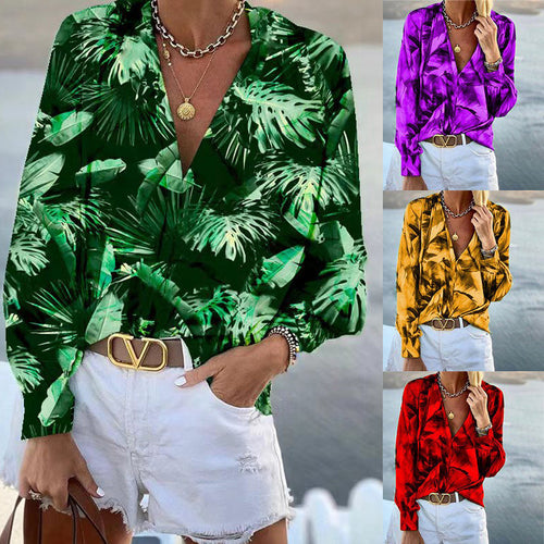 Damen Bluse mit floralem Muster und tiefem V-Ausschnitt Drune