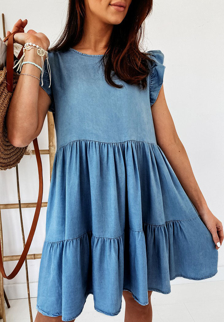 Damen Kurzarm Kleid im lässigen A-Linien Schnitt mit voluminösem Rock Drune