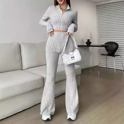 Damen modisches Strick-Loungewear-Set mit hohem Bund Drune