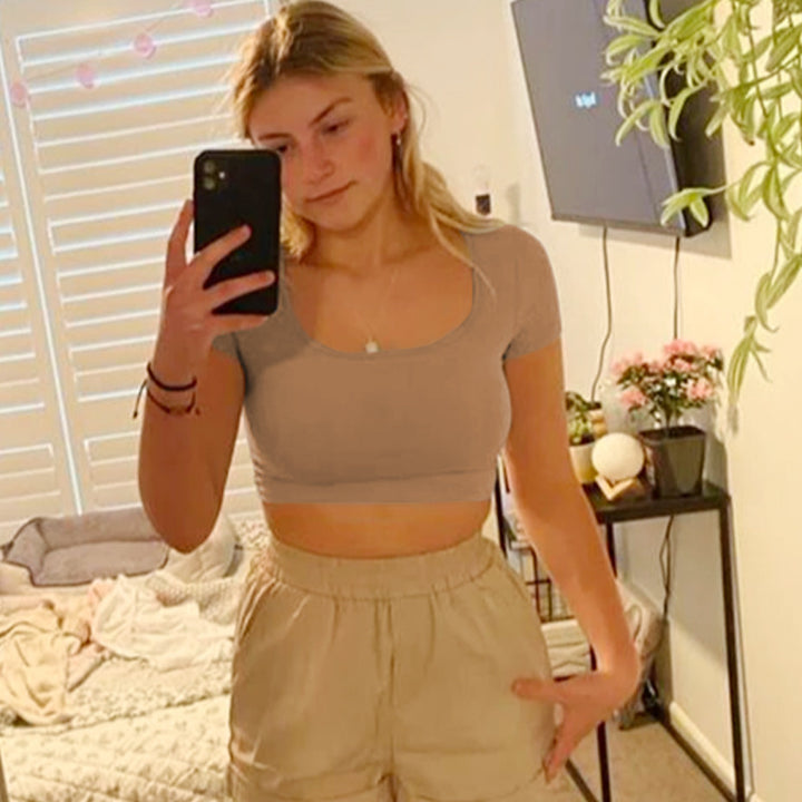 Damen Kurzarm Crop-Top mit Rundhalsausschnitt und figurbetonter Passform Drune