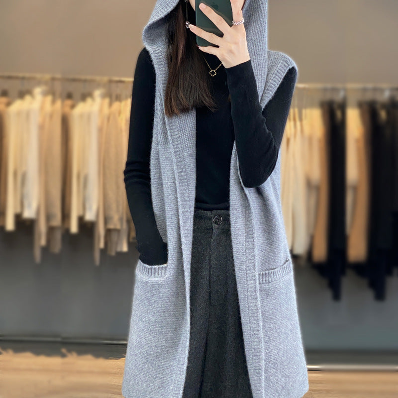 Damen Strickweste mit Kapuze und Taschen Drune