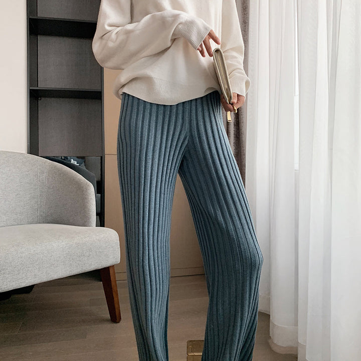 Damen bequeme Rippstrickhose mit weitem Bein und hohem Bund Drune