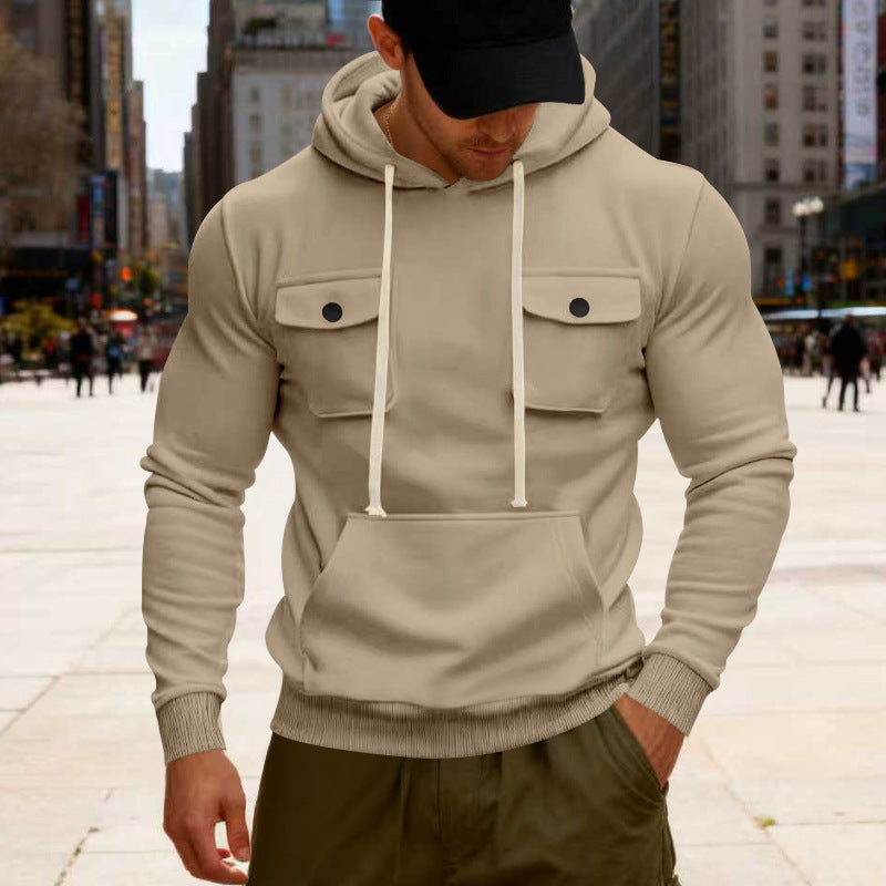 Herren nan urbaner Kapuzenpullover mit Brustklappen, Kängurutasche und athletischem Schnitt Drune