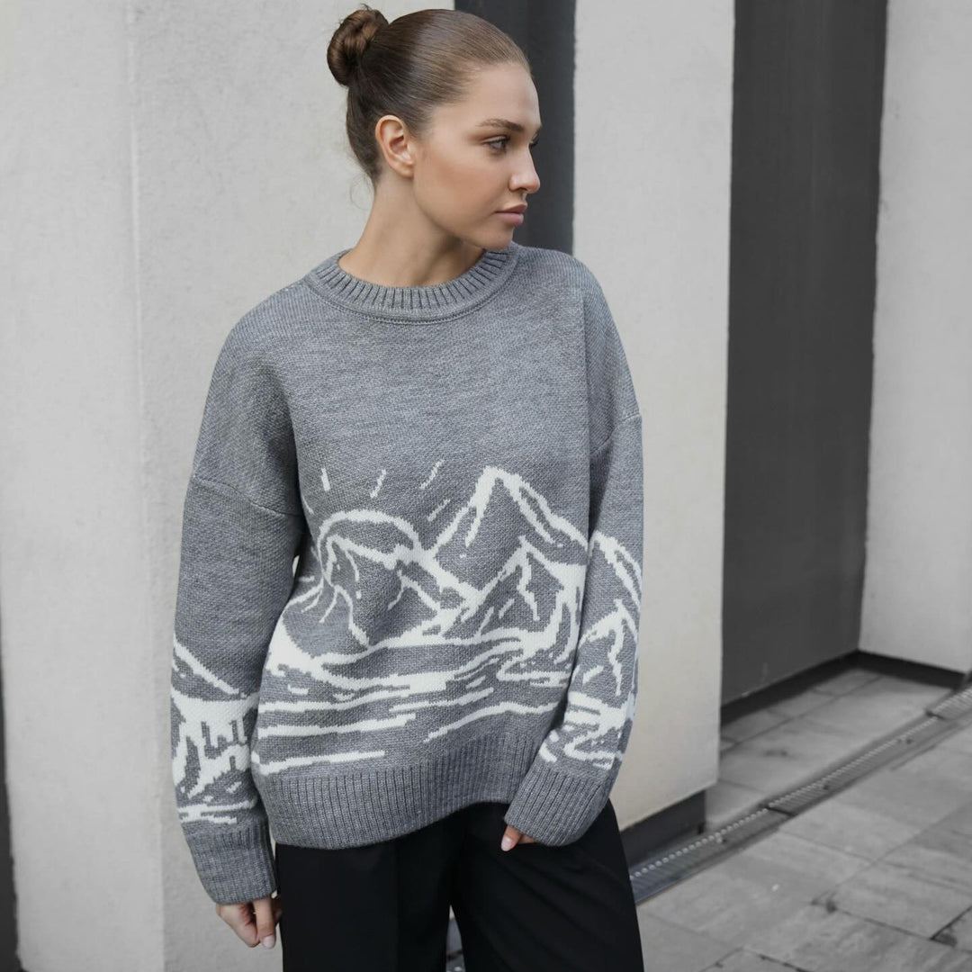 Damen Grobstrickpullover mit künstlerischem Landschaftsdesign Drune