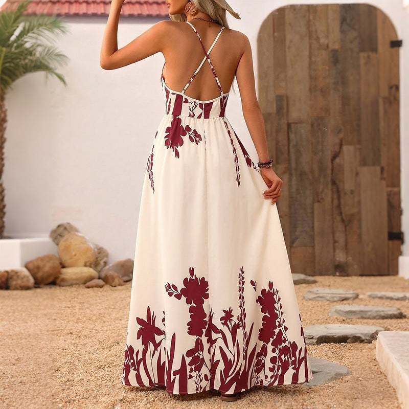 Damen Maxikleid mit tiefem V-Ausschnitt und floraler Applikation Drune