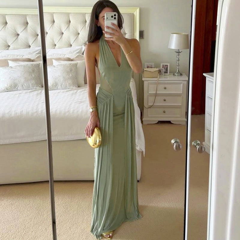 Damen Elegantes Maxikleid mit tiefem V-Ausschnitt und fließendem Rock Drune