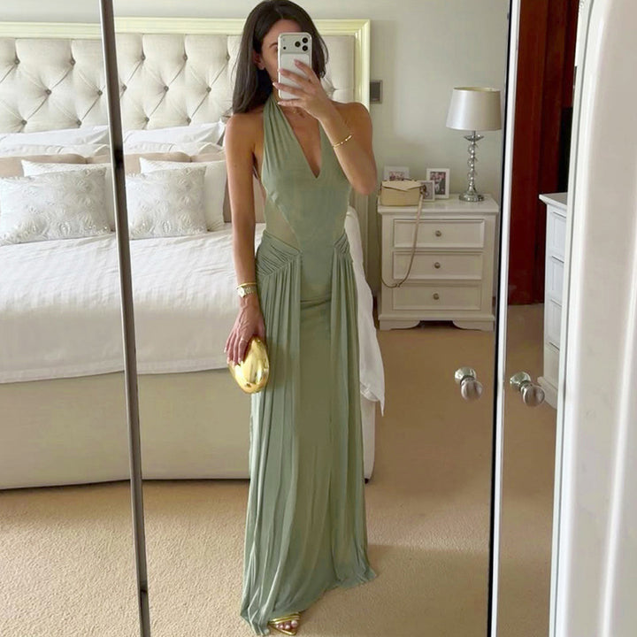 Damen Elegantes Maxikleid mit tiefem V-Ausschnitt und fließendem Rock Drune