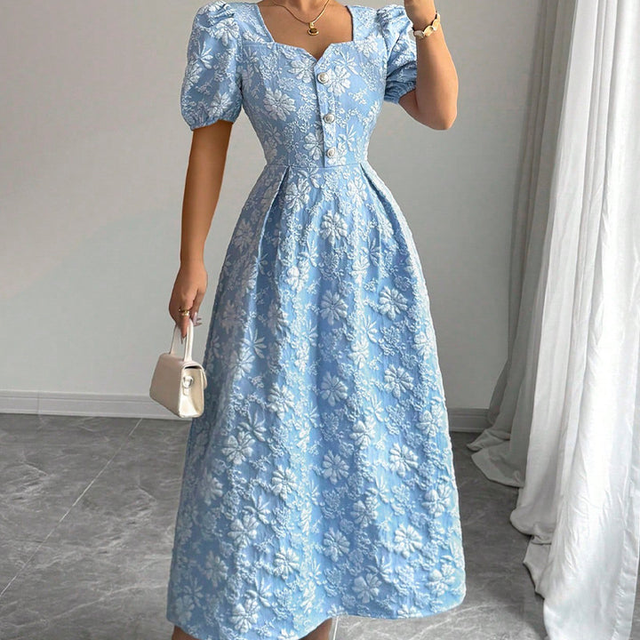 Damen Maxikleid mit floralen Applikationen und Puffärmeln Drune