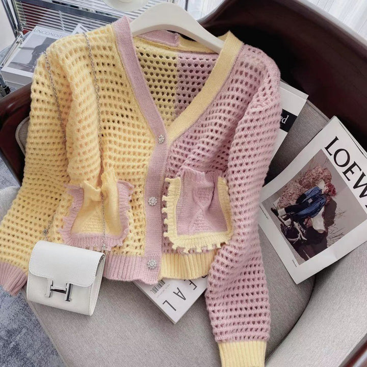 Damen luftiger Strickcardigan mit feiner Netzstruktur und aufgesetzten Taschen Drune