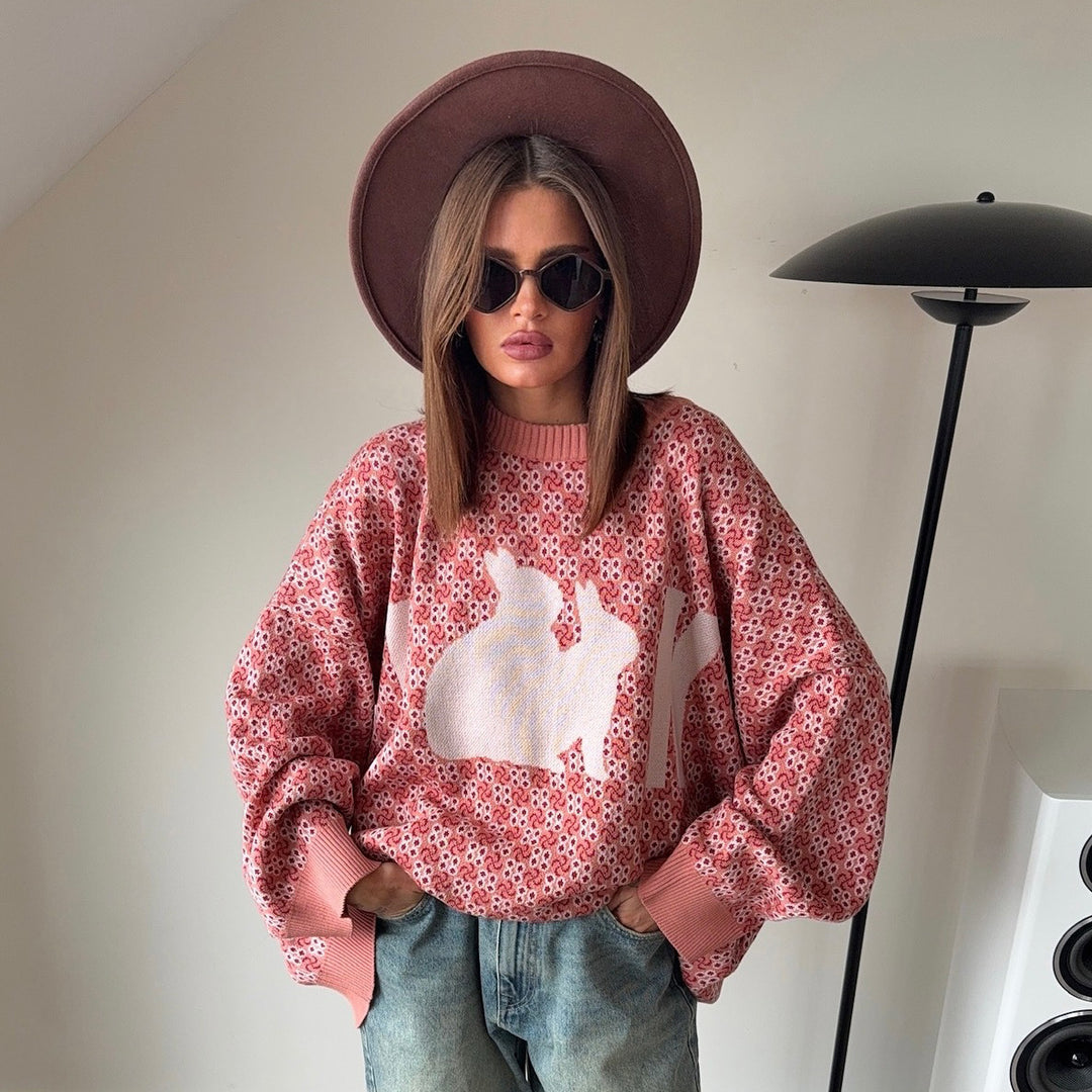 Damen Oversized Strickpullover mit kreativem Motiv Drune