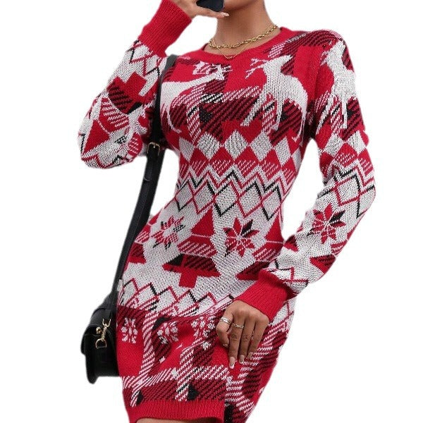 Damen Strickkleid mit festlichem Muster und Rundhalsausschnitt Drune