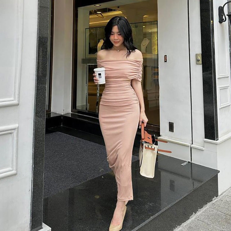 Damen Bodycon Maxikleid mit schulterfreiem Design und Raffungen Drune
