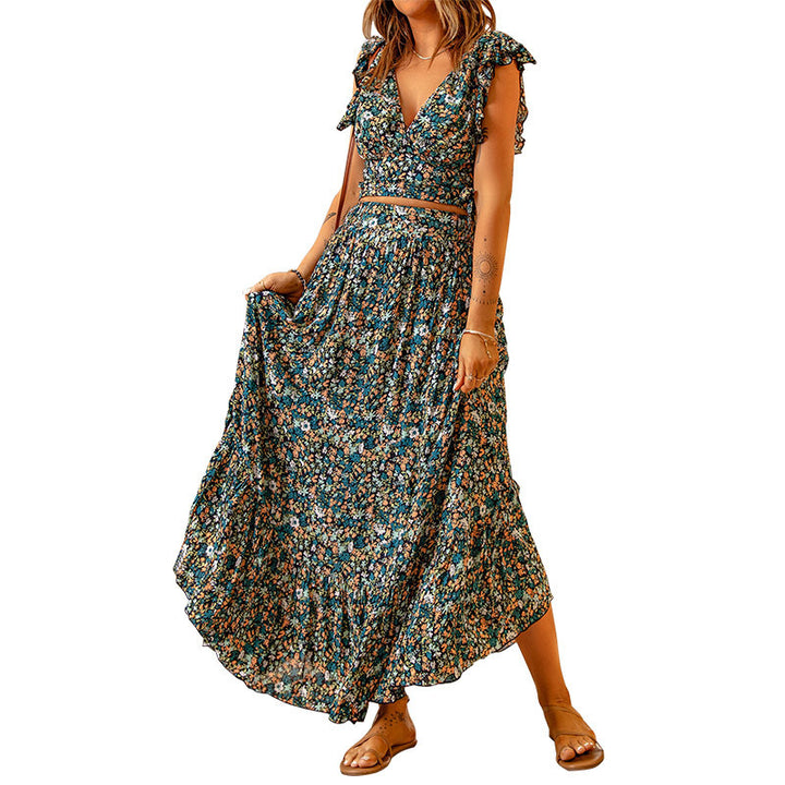 Damen Blütenmuster Maxikleid mit voluminösem Rock und schmalem Gürtel Drune