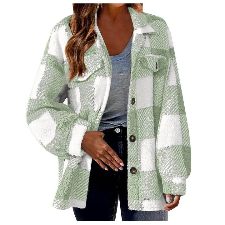 Damen nan kuschelige Sherpa-Karo-Übergangsjacke mit Brusttaschen und großzügigem Oversize-Schnitt Drune