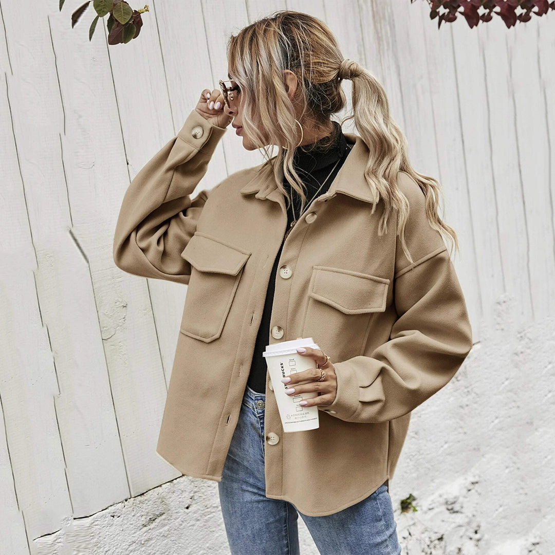 Damen elegante Oversized Jacke mit aufgesetzten Taschen und modischem Kragen Drune