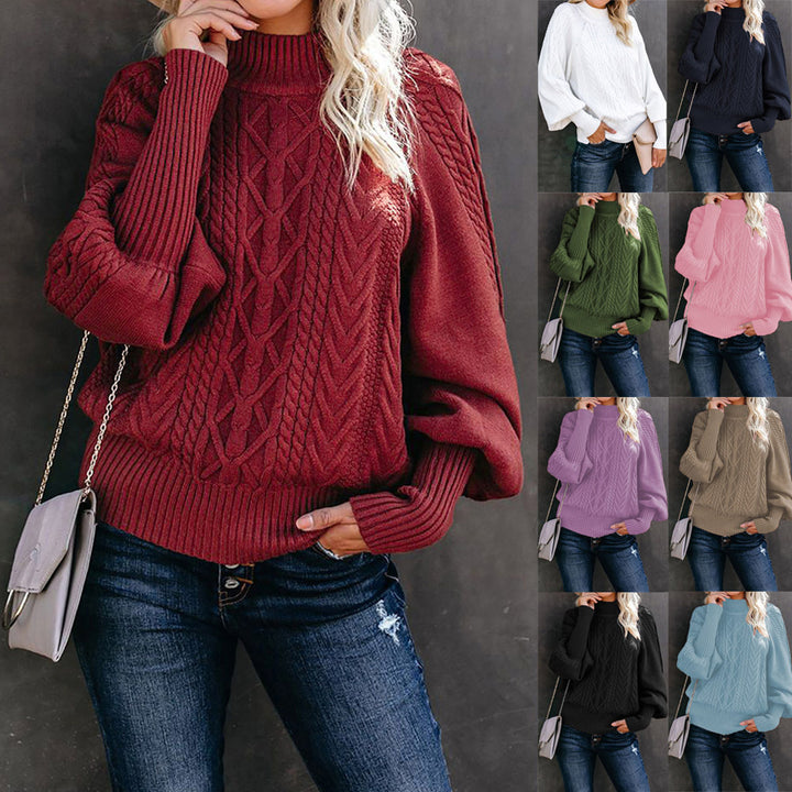Damen Strickpullover mit hohem Kragen und ausgefallenem Zopfmuster Drune