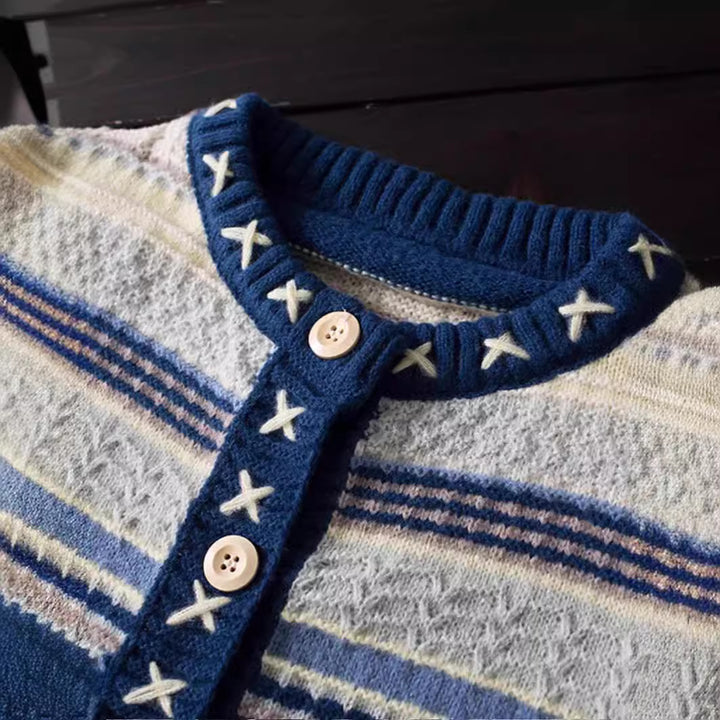 Damen Gemusterter Strickcardigan mit dekorativen Knöpfen und tiefen Taschen Drune