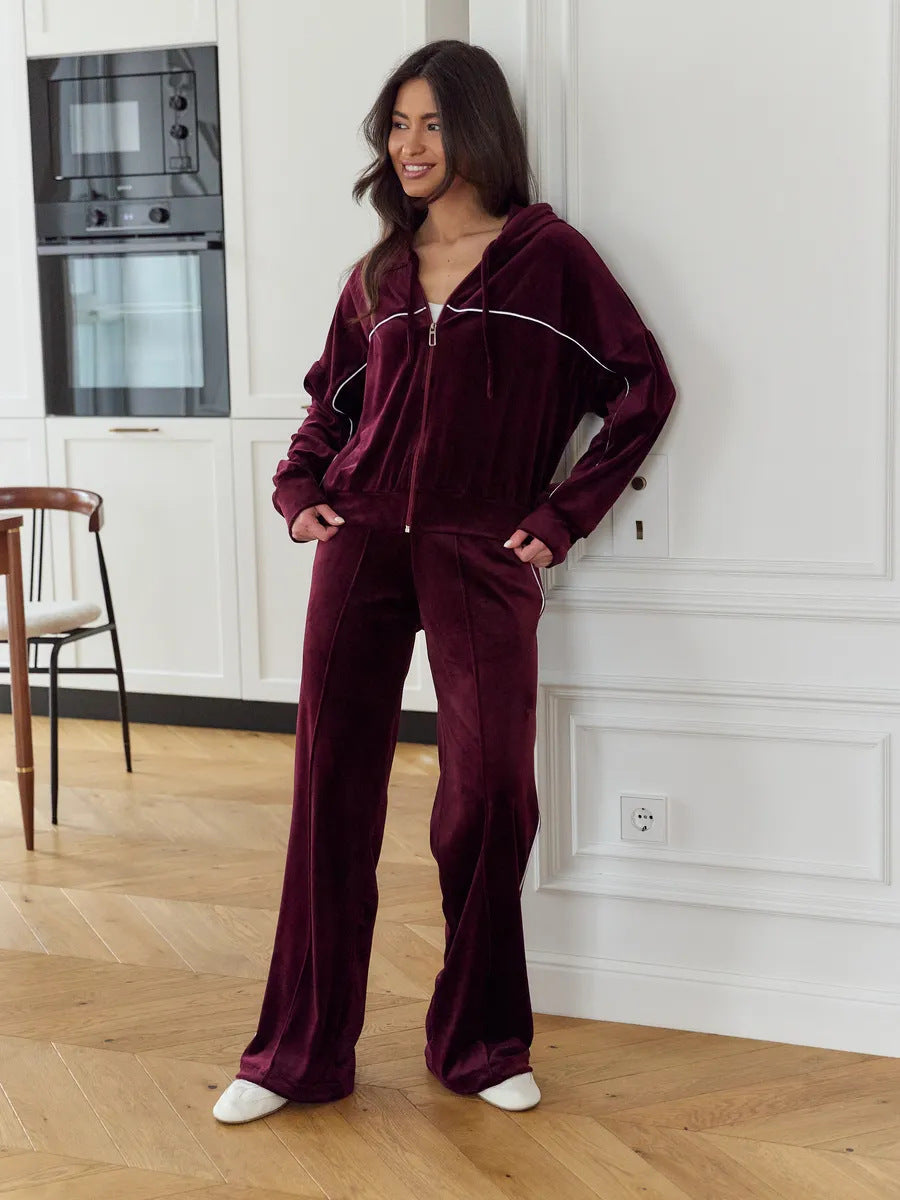 Damen Sportlicher Velours-Anzug mit moderner Kapuze und elastischem Bund Drune
