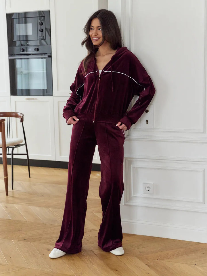 Damen Sportlicher Velours-Anzug mit moderner Kapuze und elastischem Bund Drune