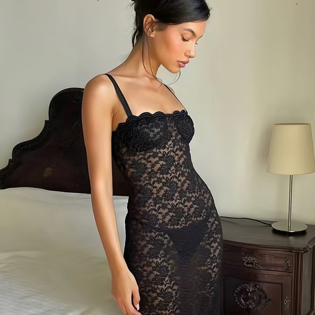 Damen Spitzen-Maxikleid mit verführerischem Schnitt und feinen Trägern Drune