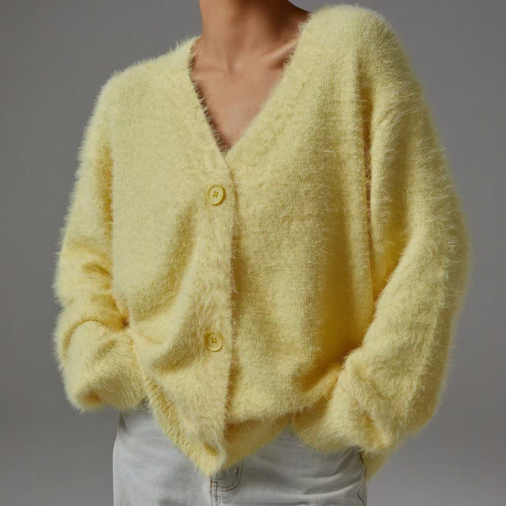 Damen flauschiger Cardigan mit V-Ausschnitt und übergroßem Schnitt Drune