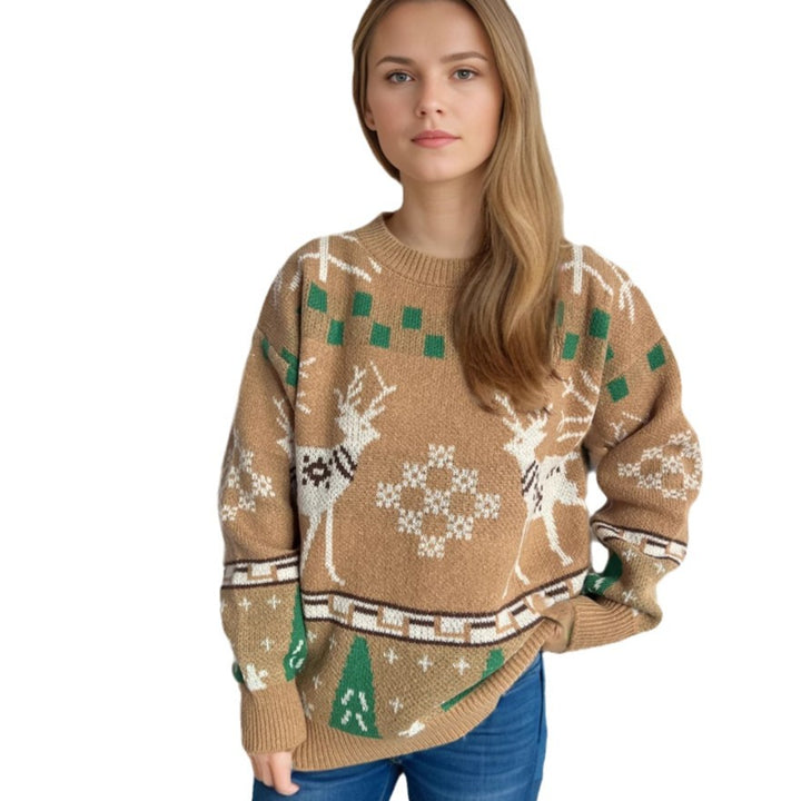 Damen gemusterter Weihnachtspullover mit festlichem Rentierdesign und Oversize-Schnitt Drune