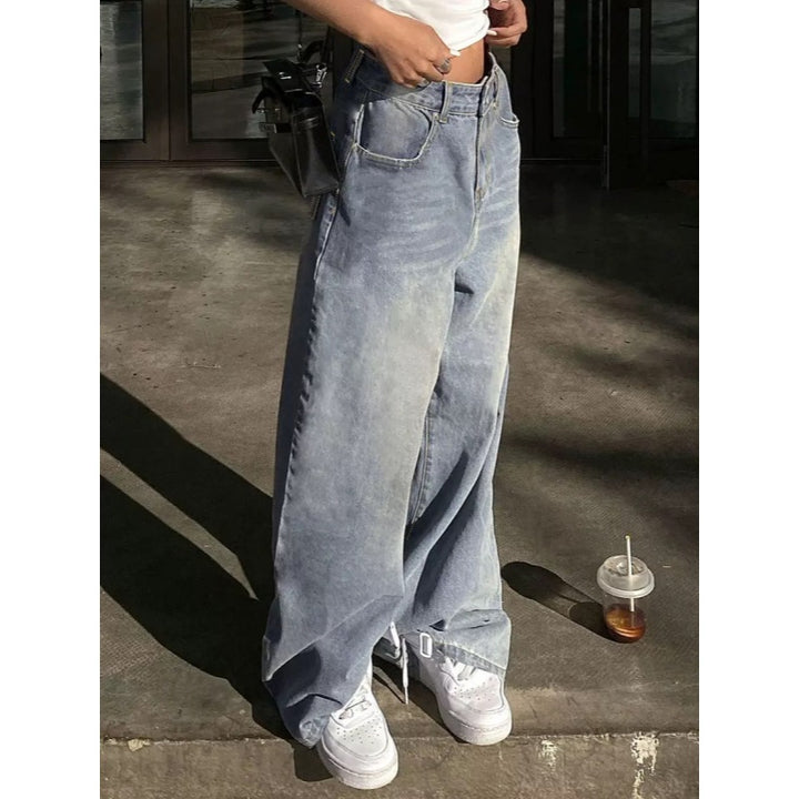 Damen weite High-Waist Jeans mit dekorativen Taschen Drune