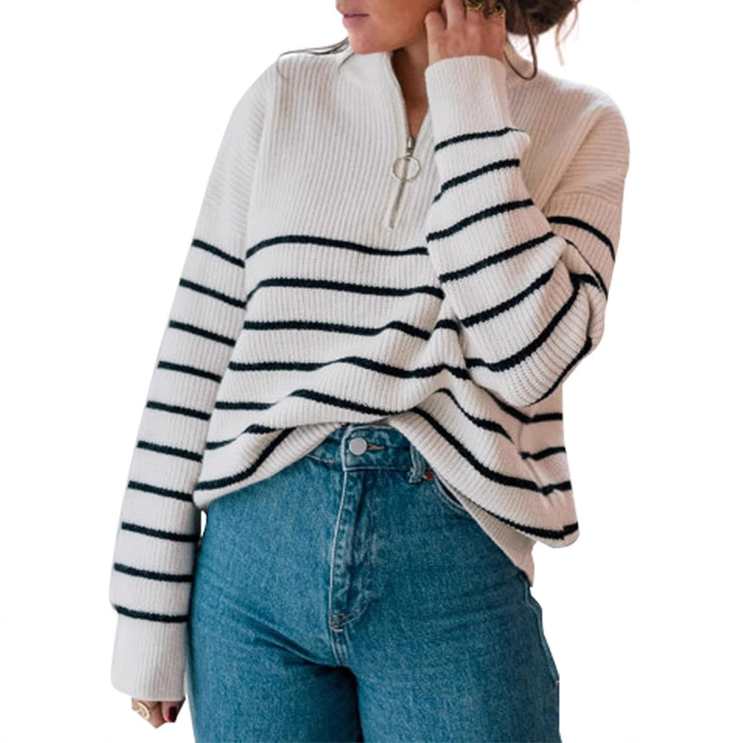 Damen gestreifter Pullover mit halbem Reißverschluss Drune