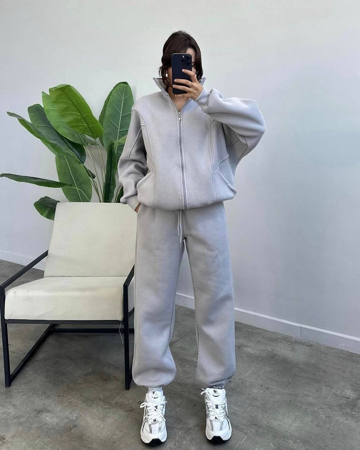Damen bequemer und stilvoller Zip-Hoodie mit passenden Jogginghosen Drune