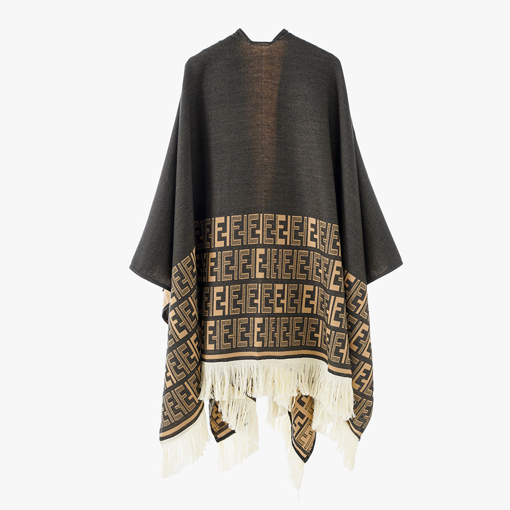 Damen eleganter Überwurf-Poncho mit kunstvollem Fransen-Design und besonderen grafischen Mustern Drune