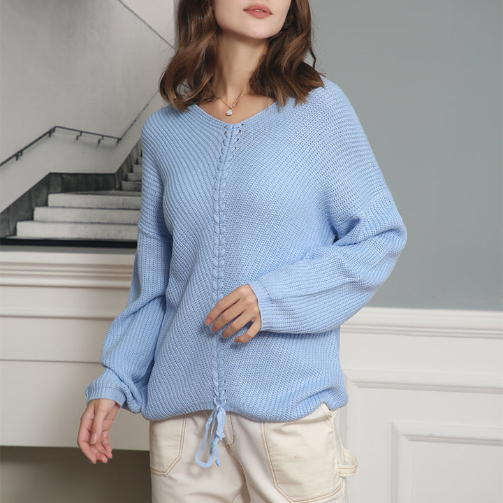 Damen Grobstrick Pullover mit attraktivem V-Ausschnitt und praktischen Kordeldetails Drune