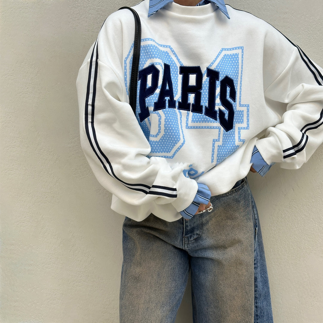 Damen Oversized Sweatshirt mit modischem Paris-Print und gestreiften Akzenten Drune