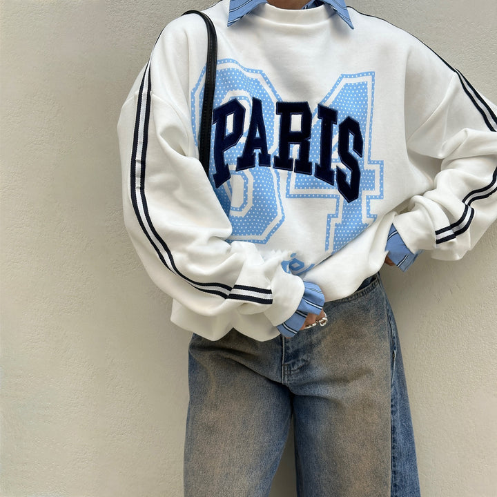 Damen Oversized Sweatshirt mit modischem Paris-Print und gestreiften Akzenten Drune