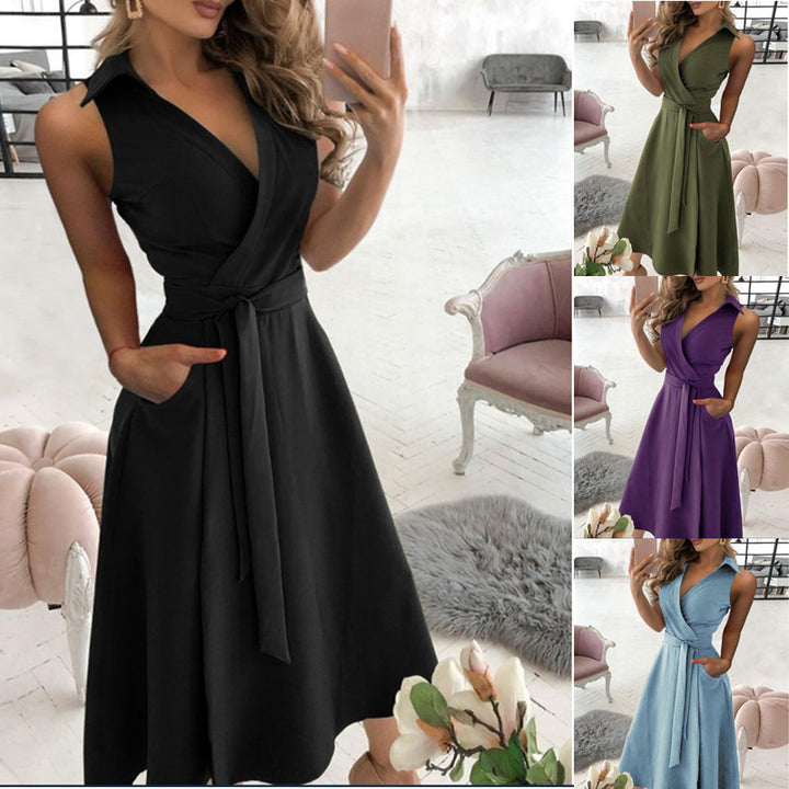 Damen Wickelkleid mit Taillengürtel und Seitentaschen Drune