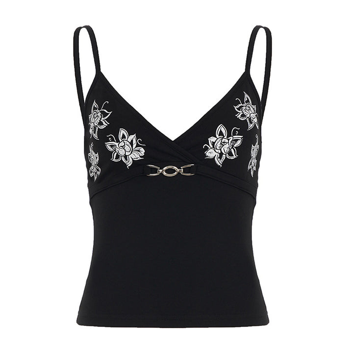 Damen körperbetontes Top mit floralem Design und dekorativem Verschluss Drune