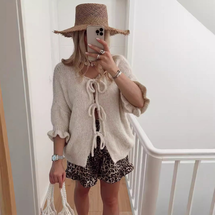 Damen lässiger Cardigan mit verspielten Schnürdetails und kurzen Ärmeln Drune