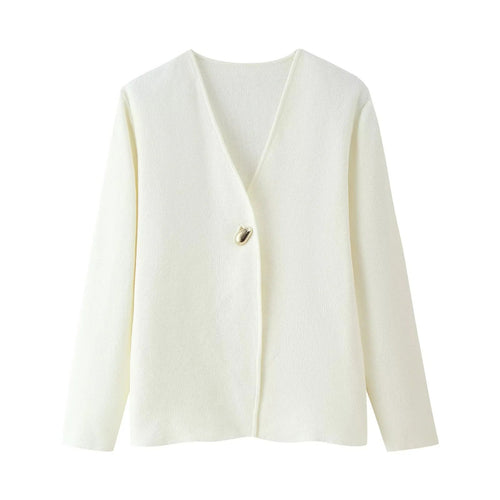 Damen elegante Strickjacke mit V-Ausschnitt und dekorativem Knopf Drune