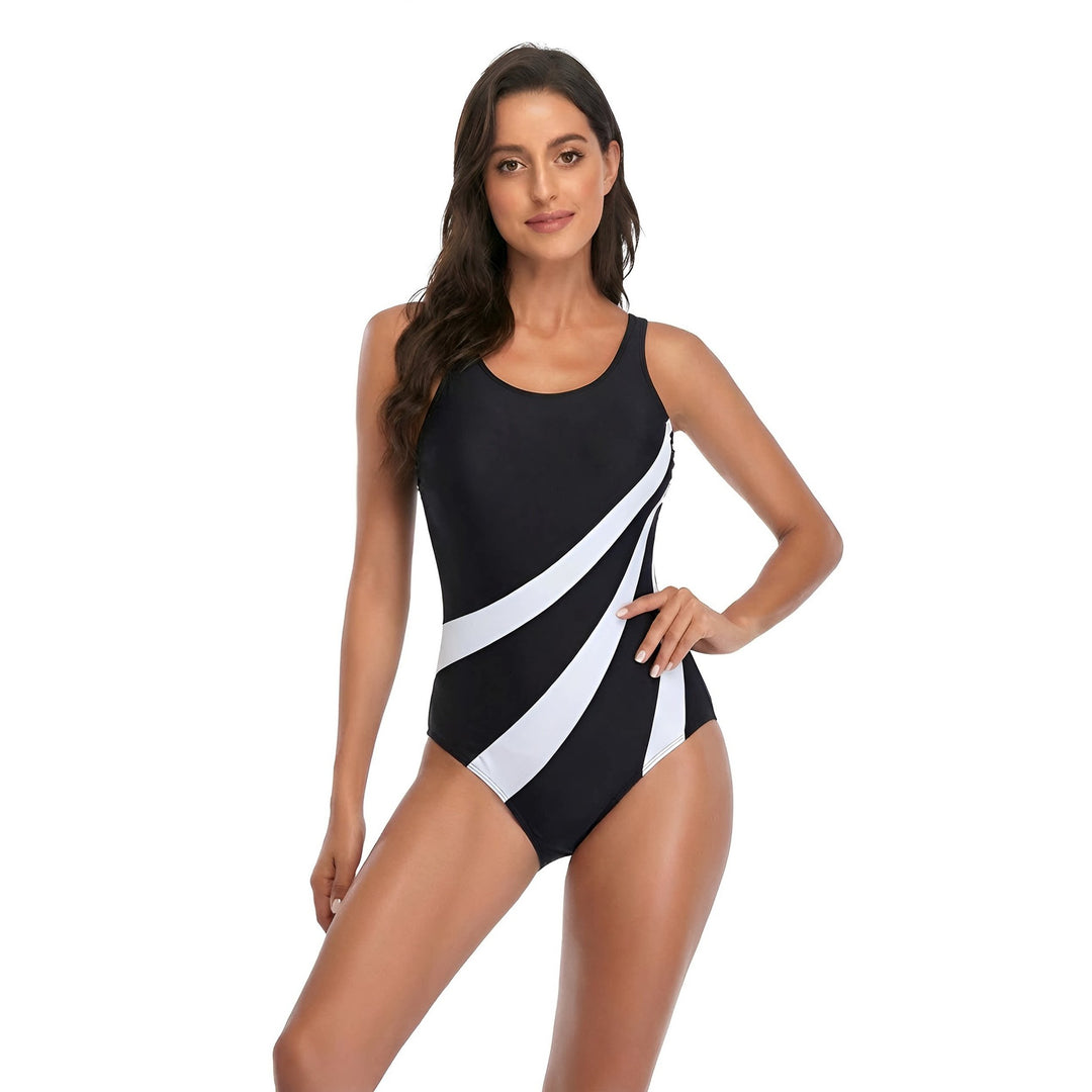 Damen Sportlicher Einteiler Badeanzug mit modischen Linien Drune