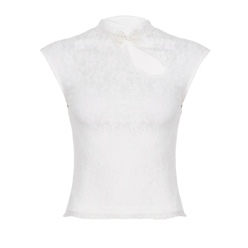 Damen Crop-Top mit floralem Spitzenmuster und raffiniertem Halterneck Drune