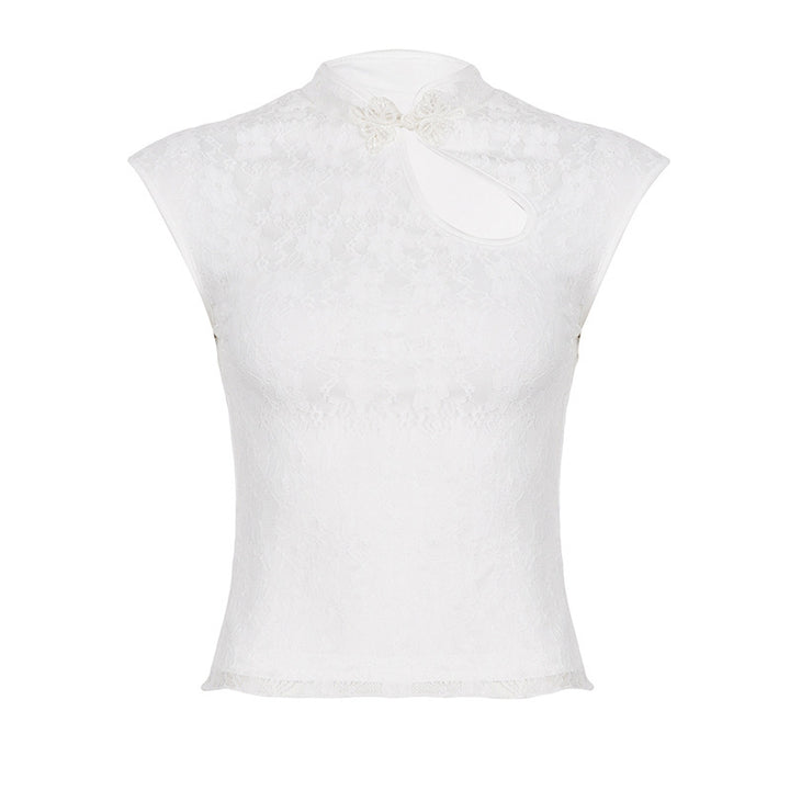 Damen Crop-Top mit floralem Spitzenmuster und raffiniertem Halterneck Drune
