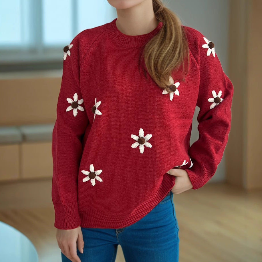 Damen Strickpullover mit floralen Applikationen und lässigem Schnitt Drune