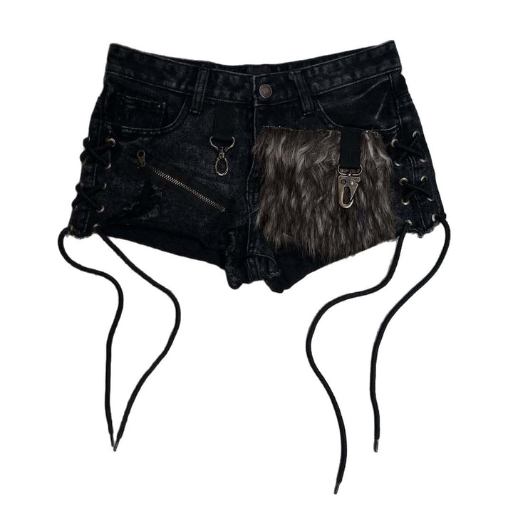Damen Modische Denim-Shorts mit einzigartigen Lacing-Details und Kunstfell-Applikation Drune